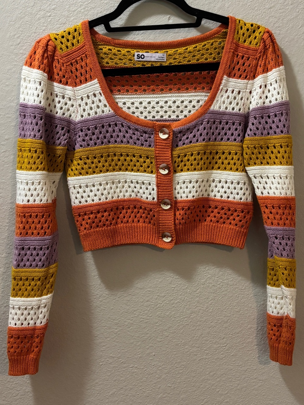 SO Multicolor Striped Cropped Crochet Button Front Cardigan Size Medium